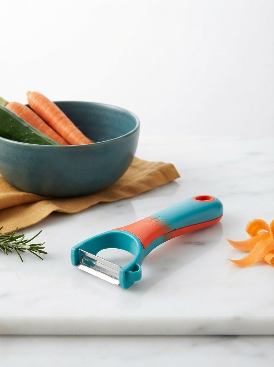 A 4-in-1 vegetable and fruit peeler on a white marble countertop with teal and ochre kitchen accents.